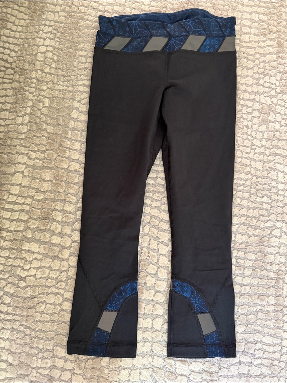 lululemon athletica Black Leggings with Blue Pattern Waist and Ankle Panels